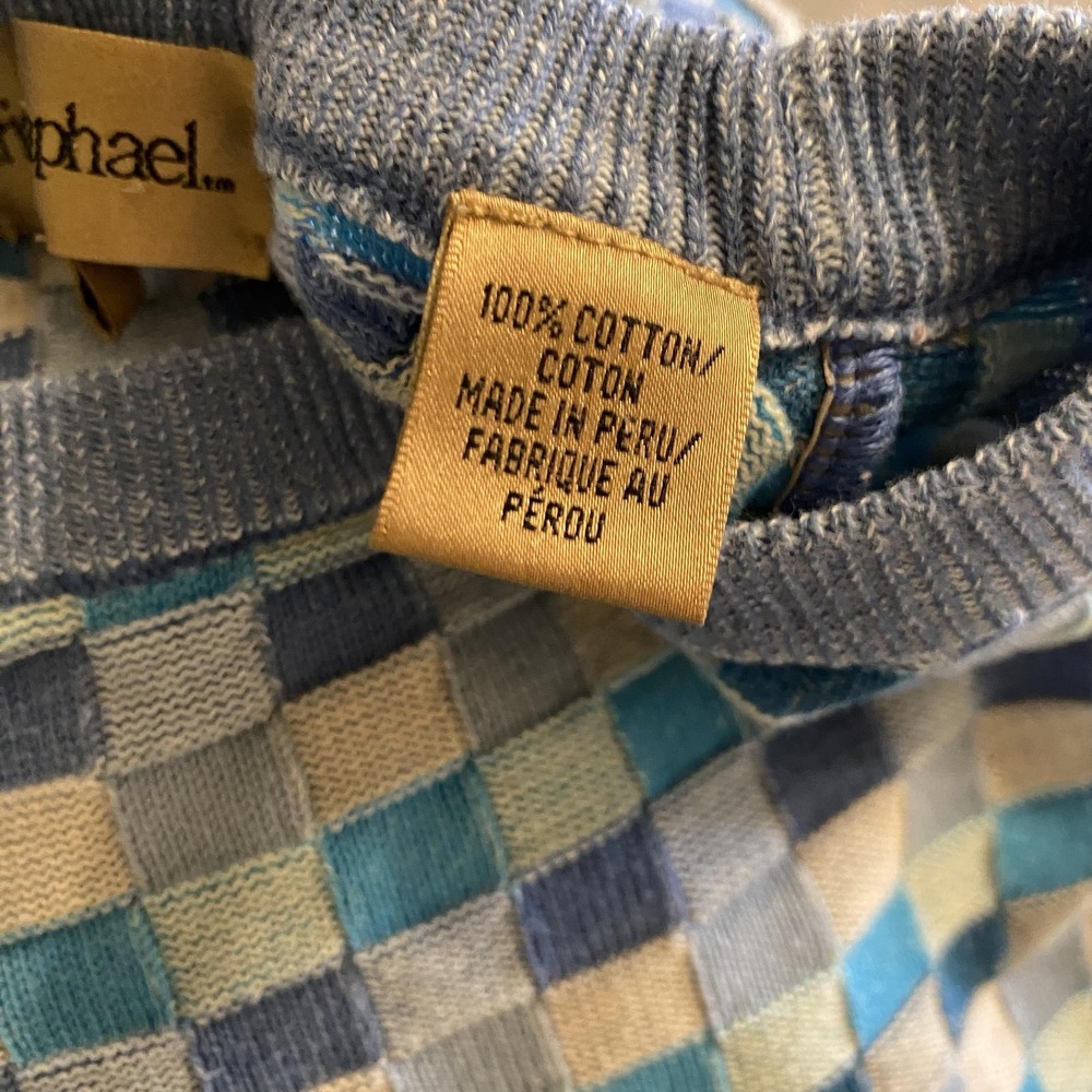 Vtg Tricots St Raphael Sweater Mens XL Blue Geometric Checkerboard 100% Cotton - Picture 11 of 12
